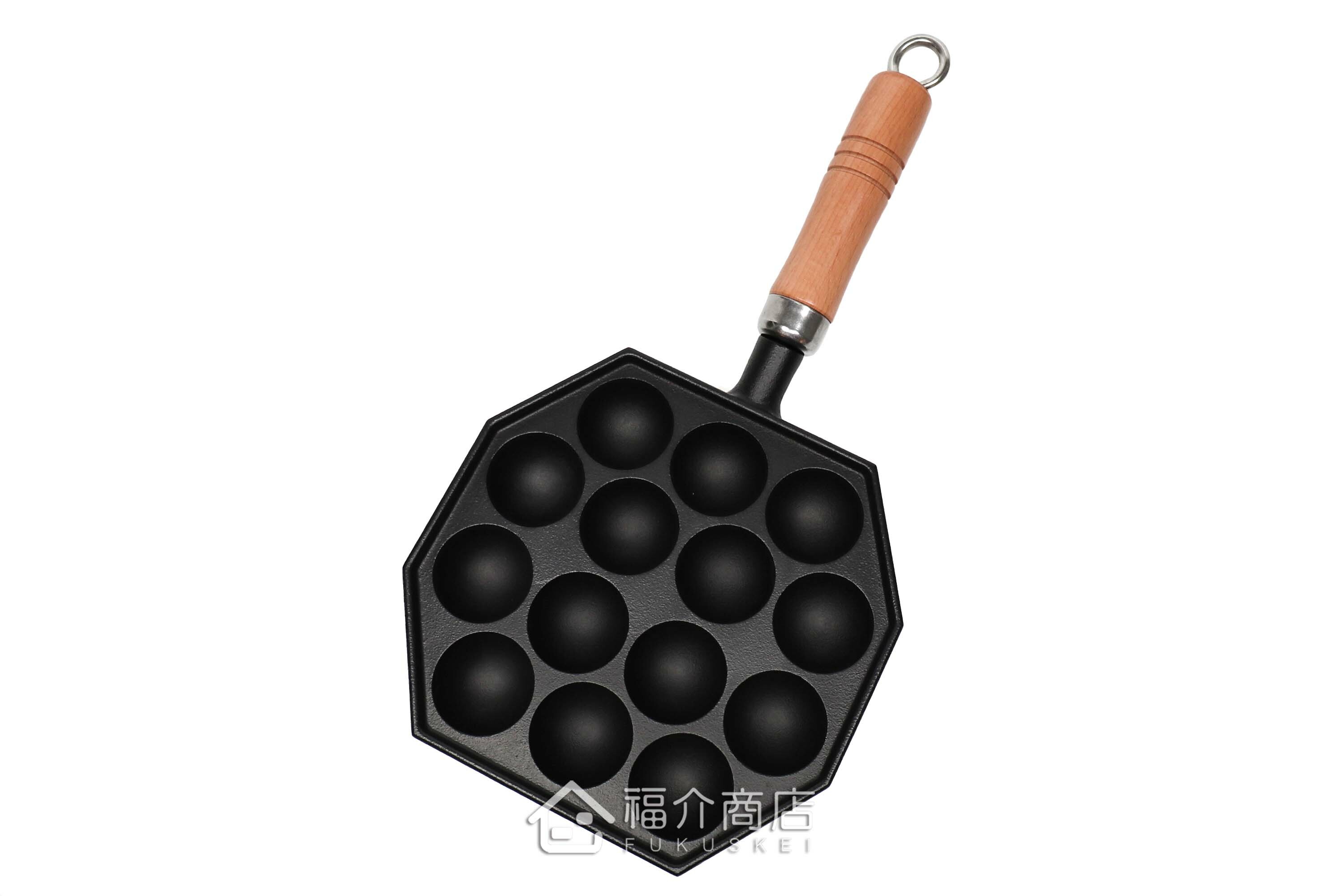 可以做14個章魚燒的黑色鑄鐵鍋有木柄把手