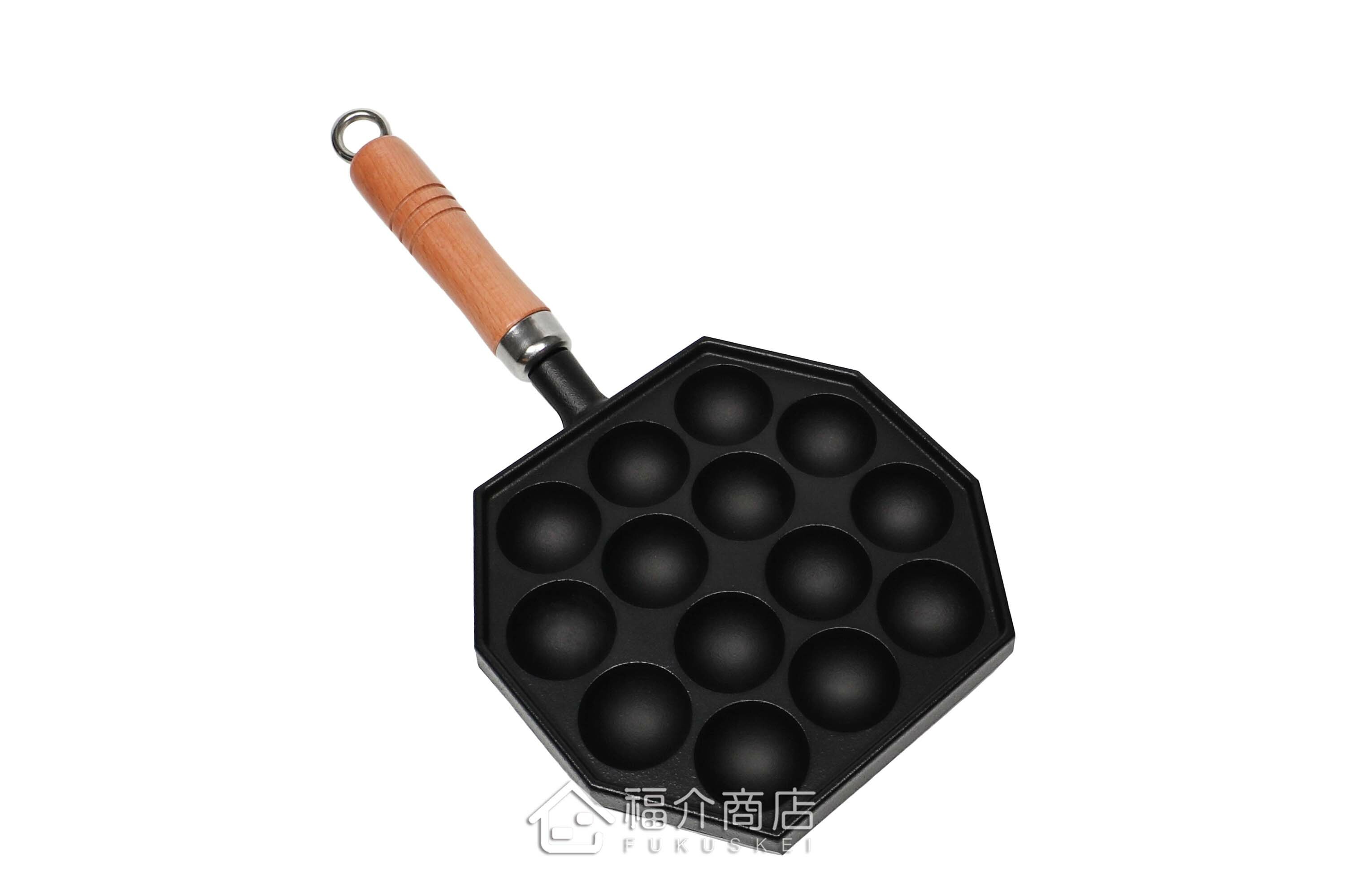 可以做14個章魚燒的黑色鑄鐵鍋有木柄把手