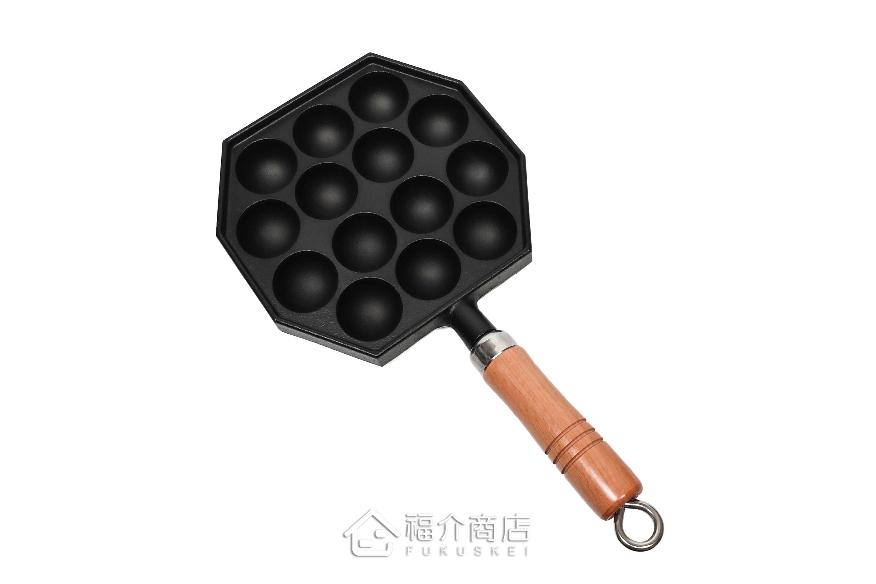 可以做14個章魚燒的黑色鑄鐵鍋有木柄把手