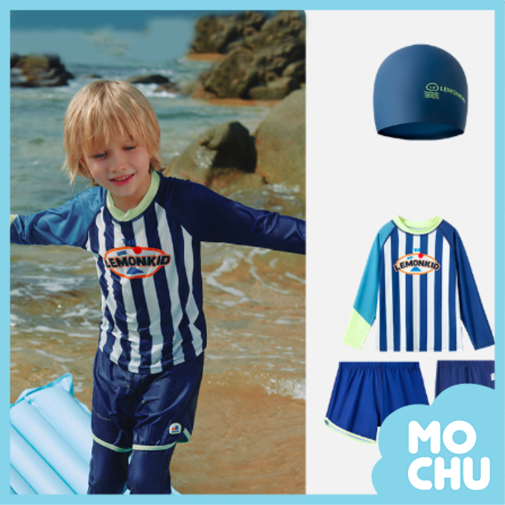 條紋拼色長袖三件式泳裝(送泳帽)