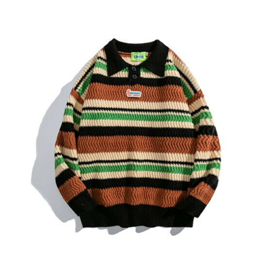 Hot Selling Striped Color Block Lapel Sweater [Black] [S-XL] (Please contact customer service to confirm the delivery size after placing the order)