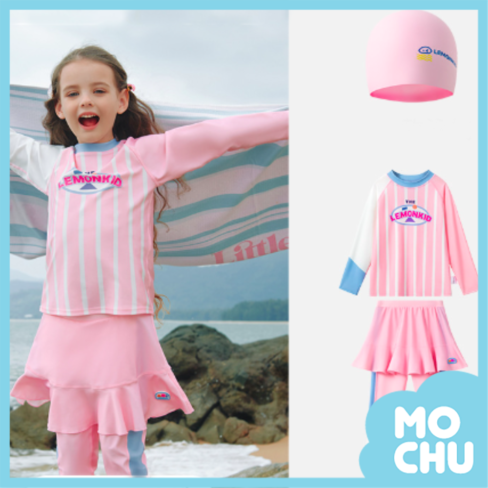 粉白條紋長袖兩件式裙褲泳裝(送泳帽)