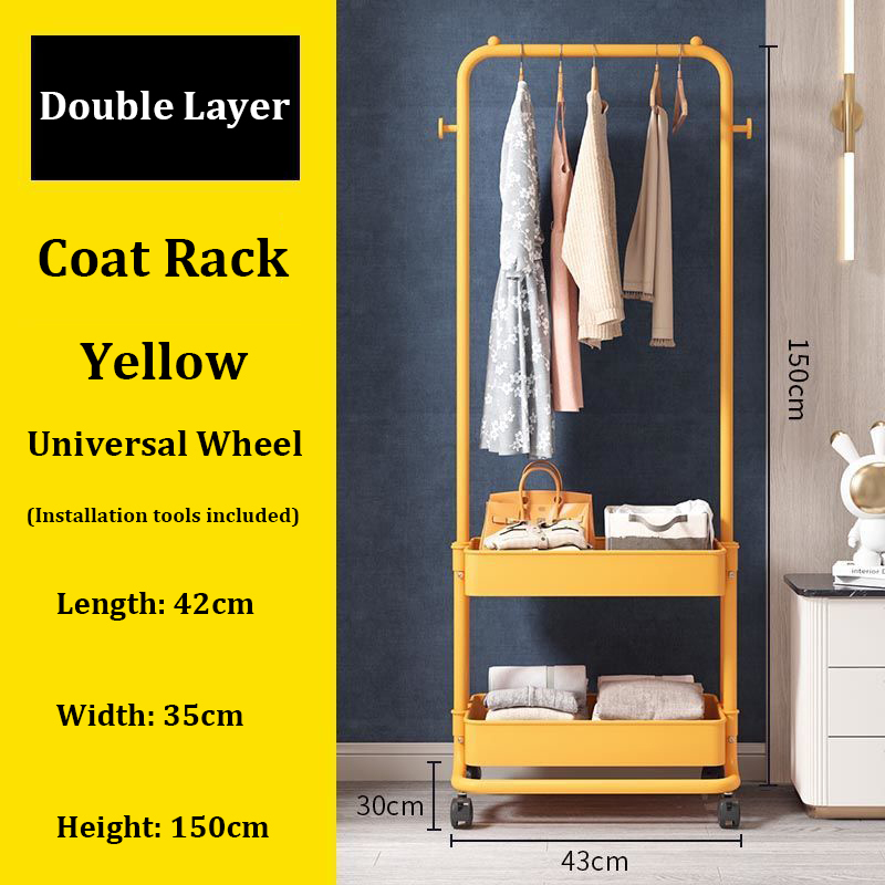 New multifunctional coat rack double layer storage cabinet mobile wardrobe (yellow)