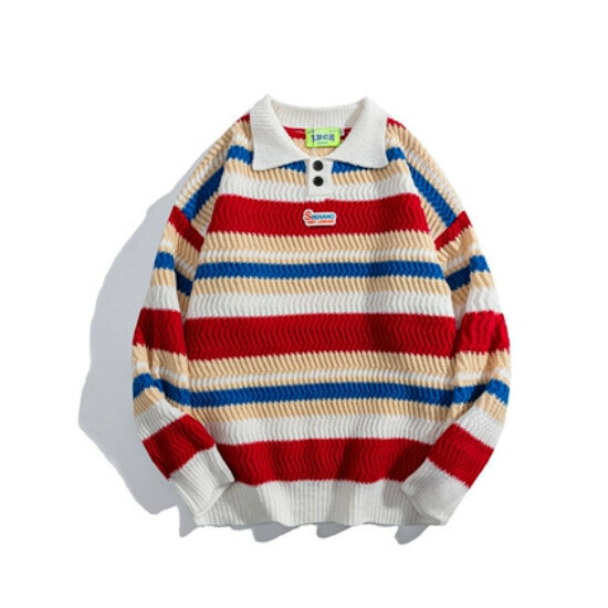 Hot Selling Striped Color Block Lapel Sweater [White] [S-XL] (Please contact customer service to confirm the delivery size after placing the order)