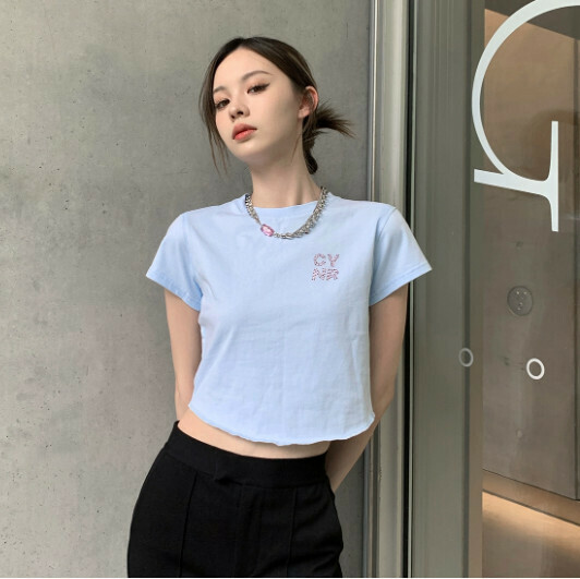 Short Alphabet Hot Rhinestone T-Shirt (Blue - Size S-M (Contact Customer Service to confirm shipping size after placing an order))