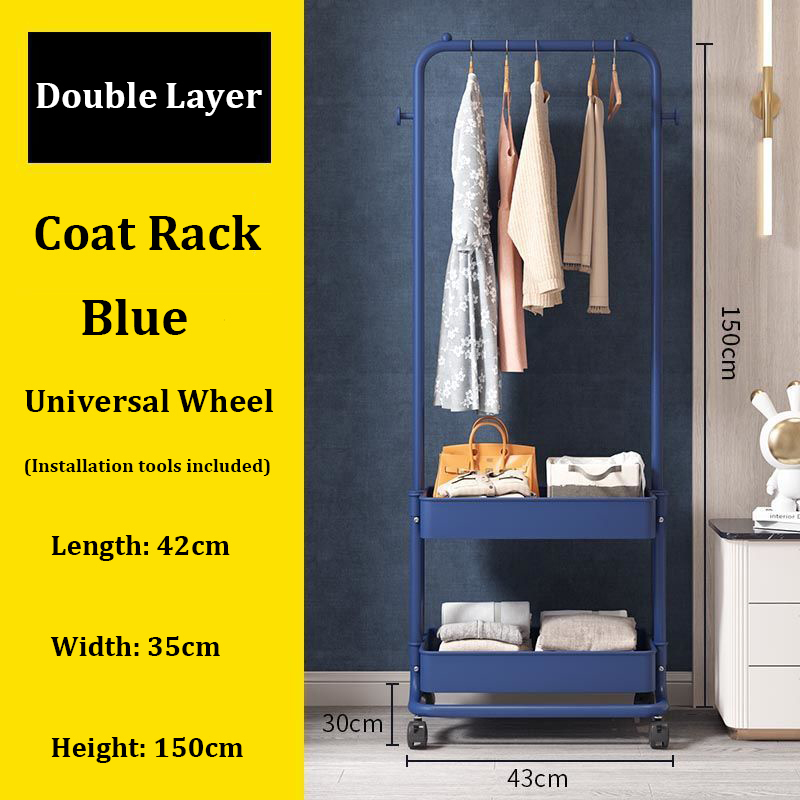 New multifunctional coat rack double layer storage cabinet mobile wardrobe (blue)