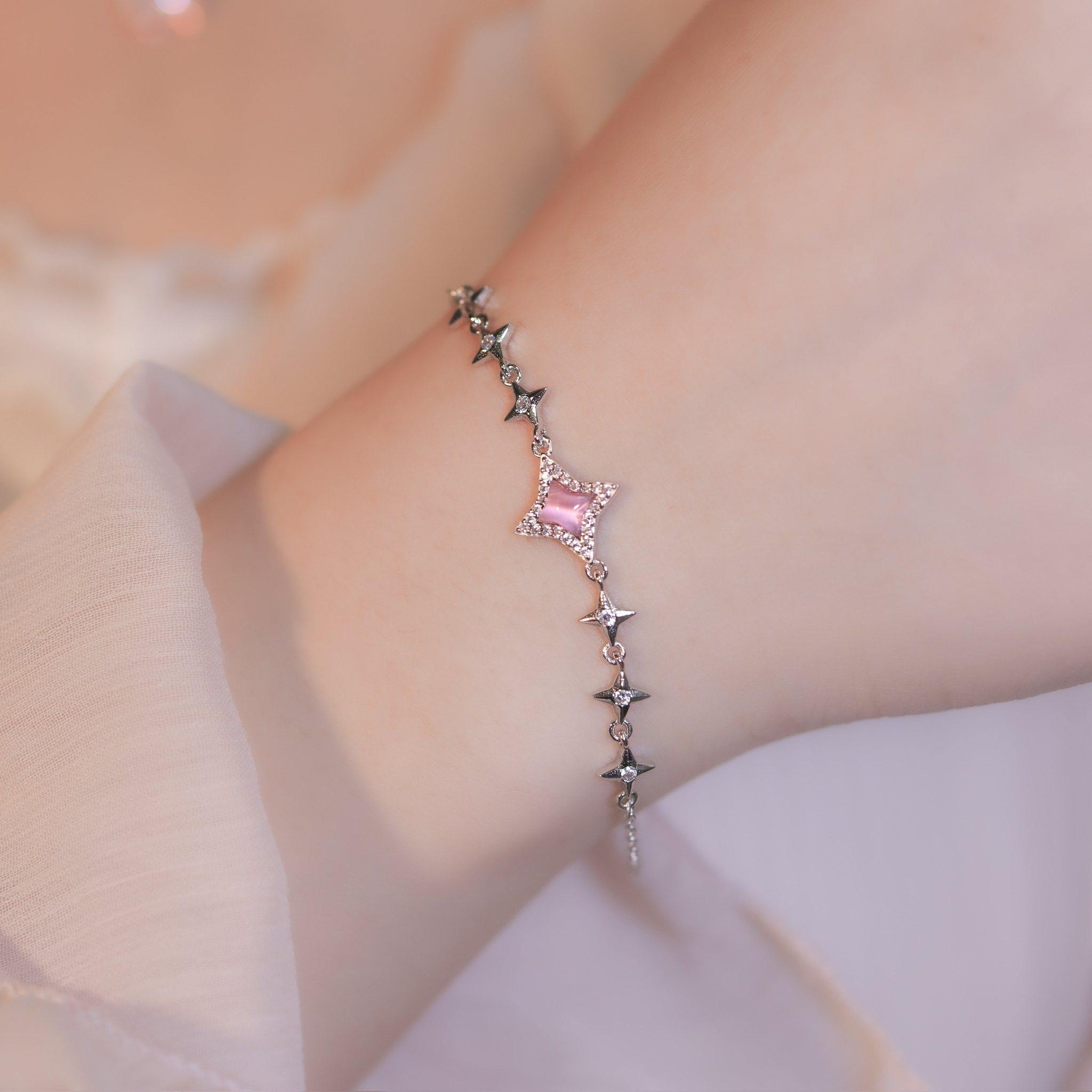 | 925 Silver・Glass Stone| Stars Bless Bracelet (Blue / Pink) | BR1071 |