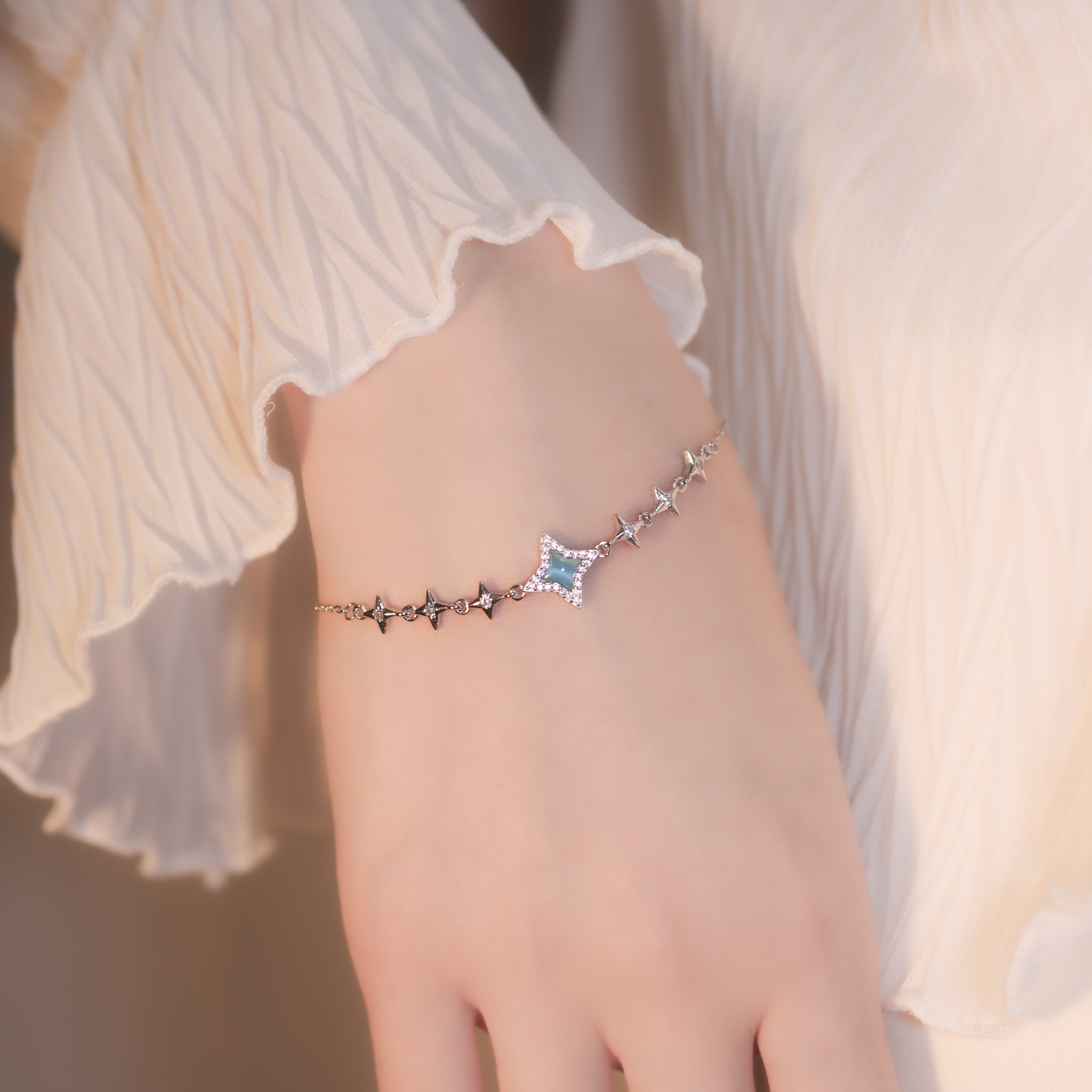 | 925 Silver・Glass Stone| Stars Bless Bracelet (Blue / Pink) | BR1071 |