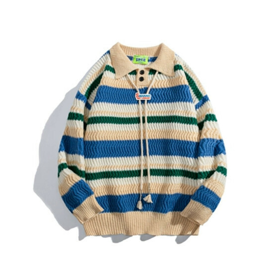 Hot Selling Striped Color Block Lapel Sweater [Apricot] [S-XL] (Please contact customer service to confirm the delivery size after placing the order)