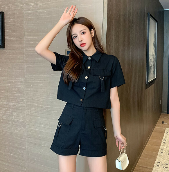 Workwear style short sleeve suit [black] (size: S-2XL) (contact customer service to confirm the shipping size after placing an order)