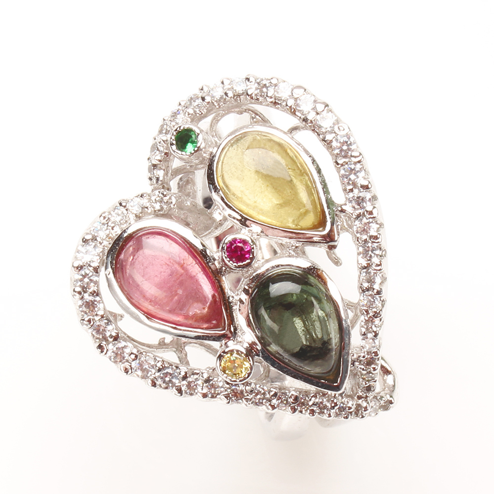 【雅紅珠寶】天然三彩碧璽戒指-5*7mm*3顆-925銀飾 -R0456