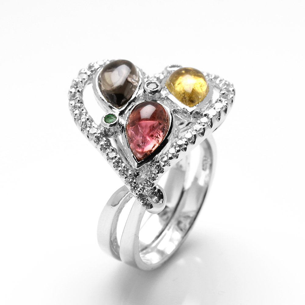 【雅紅珠寶】天然三彩碧璽戒指-5*7mm*3顆-925銀飾 -R0456