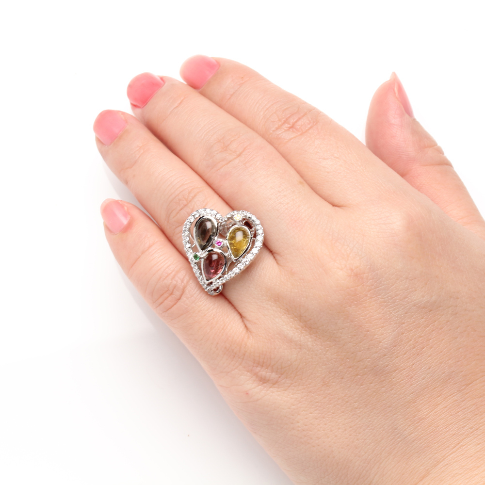 【雅紅珠寶】天然三彩碧璽戒指-5*7mm*3顆-925銀飾 -R0456