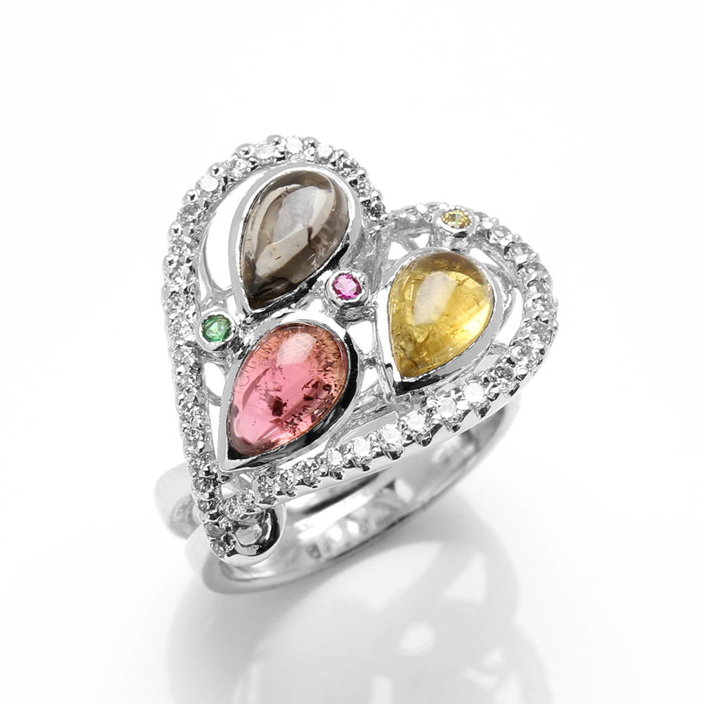 【雅紅珠寶】天然三彩碧璽戒指-5*7mm*3顆-925銀飾 -R0456