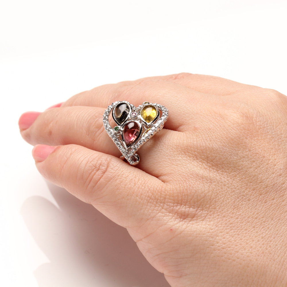 【雅紅珠寶】天然三彩碧璽戒指-5*7mm*3顆-925銀飾 -R0456