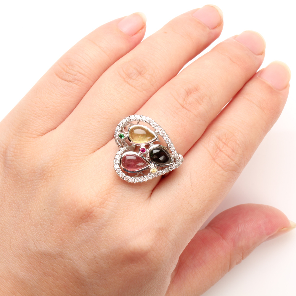 【雅紅珠寶】天然三彩碧璽戒指-5*7mm*3顆-925銀飾 -R0456