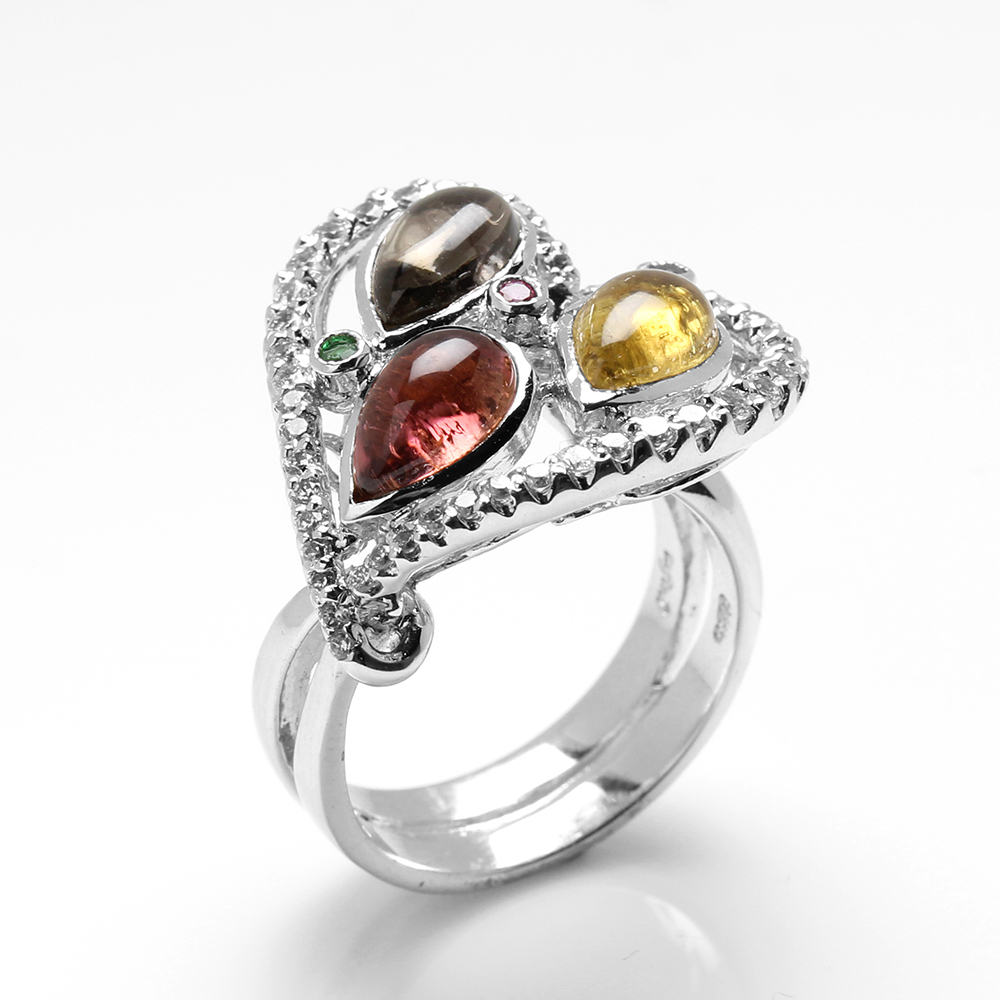 【雅紅珠寶】天然三彩碧璽戒指-5*7mm*3顆-925銀飾 -R0456