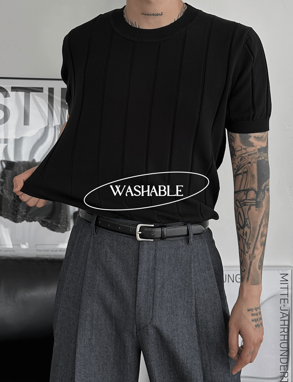 水洗棉豎紋圓領短袖針織衫