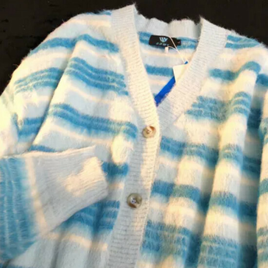 Hot Selling Striped Color Block Cardigan Lazy Sweater [Blue] [M-XL] (Please contact customer service to confirm the delivery size after placing the order)