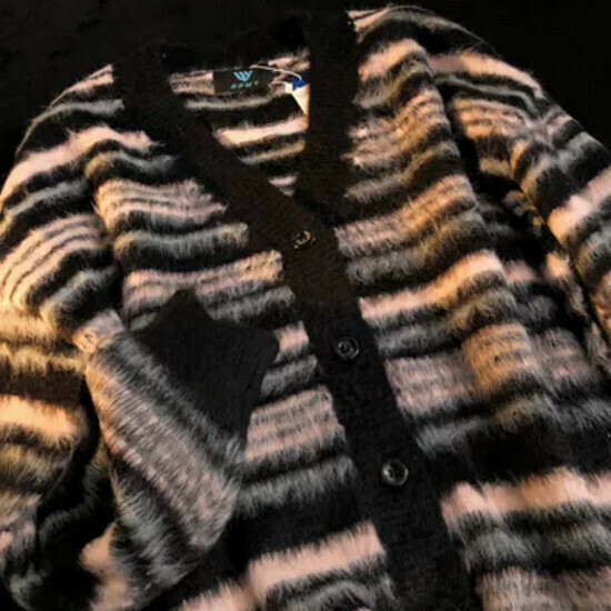 Hot Selling Striped Color Block Cardigan Lazy Sweater [Black] [M-XL] (Please contact customer service to confirm the delivery size after placing the order)