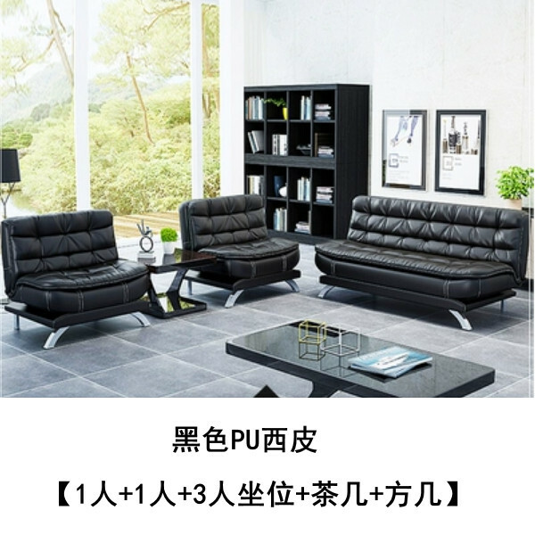 Hotly recommended iron business combination, living room sofa, waiting row chairs, reception desk row chairs, elegant style [1 person + 1 person + 3 person seats + coffee table + square table] black PU leather