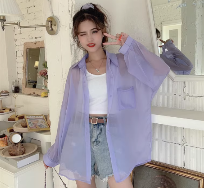 Chiffon Sunscreen Anti-Wrinkle Shirt Loose Long Sleeve Layered Thin (Light Purple) (One Size)