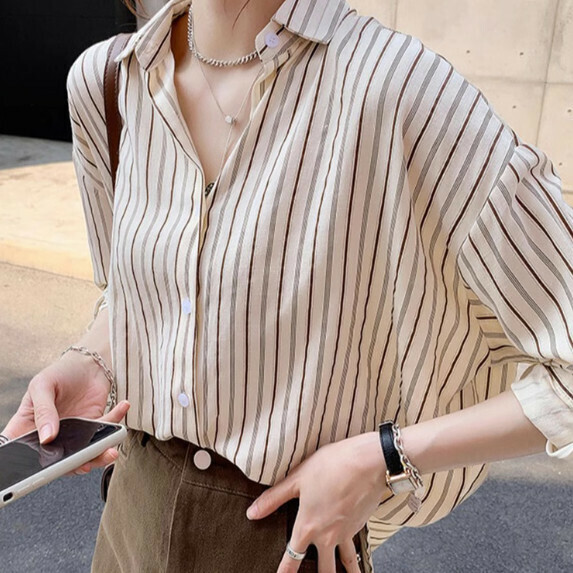Striped Shirt Women's Autumn (Apricot [S_XL size] (contact customer service to confirm the shipping size after placing an order)