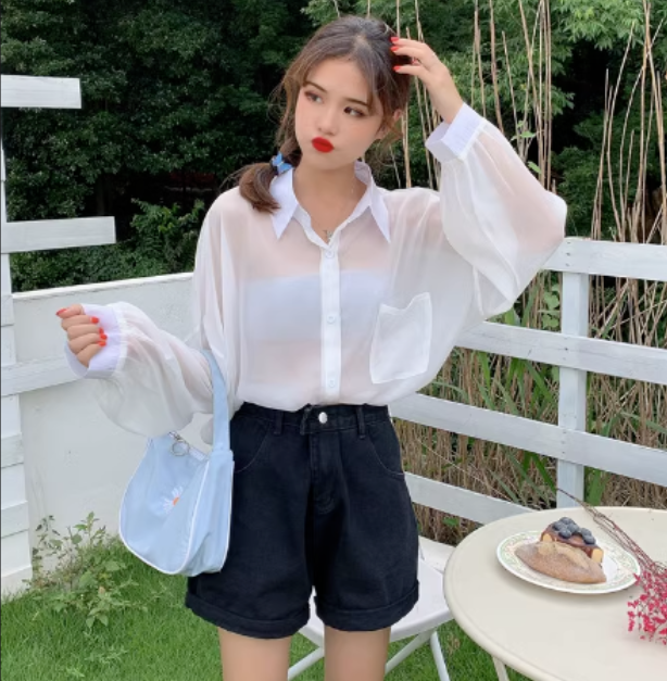 Chiffon Sunscreen Anti-Wrinkle Shirt Loose Long Sleeve Layered Thin (White) (One Size)