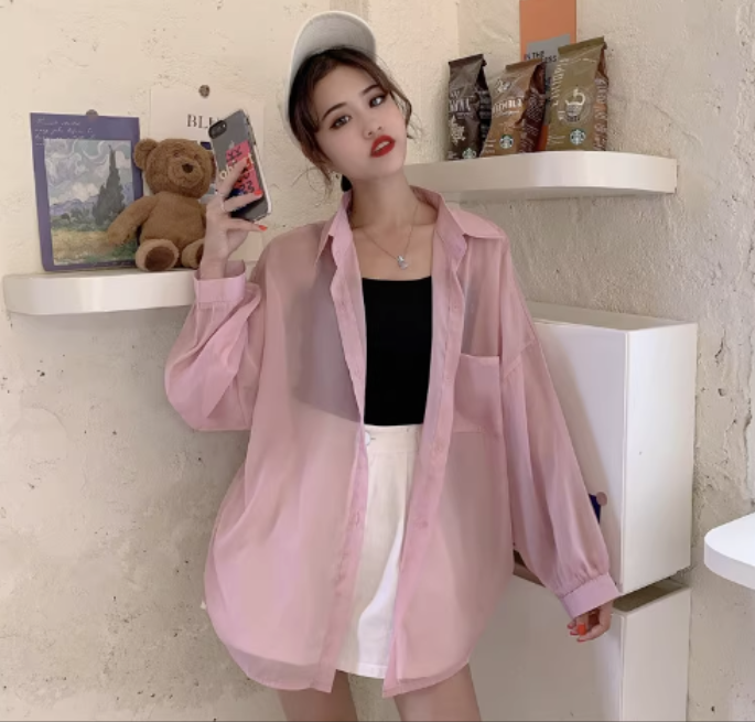 Chiffon Sunscreen Anti-Wrinkle Shirt Loose Long Sleeve Layered Thin (Pink) (One Size)