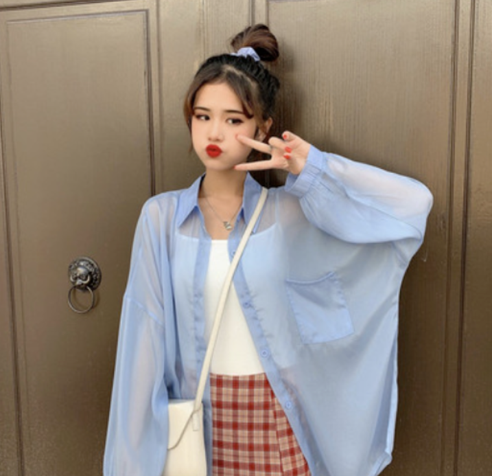 Chiffon Sunscreen Anti-Wrinkle Shirt Loose Long Sleeve Layered Thin (Blue) (One Size)