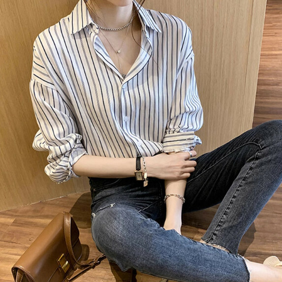 Striped Shirt Women's Autumn (Blue [S_XL Size] (Contact customer service to confirm the shipping size after placing an order)