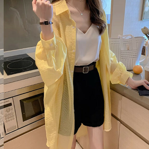 Sunscreen mid-length shirt long sleeve women's summer (yellow [size M_4XL] (contact customer service to confirm the shipping size after placing an order)