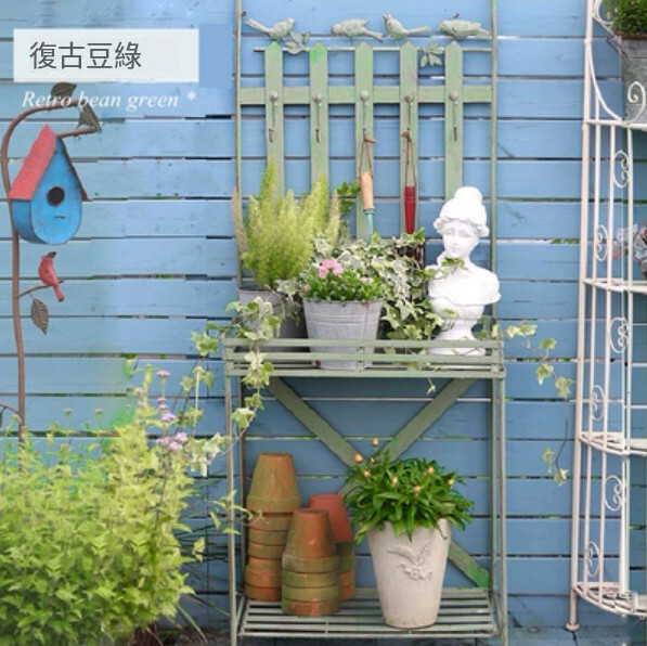 Hotly recommended iron art space, outdoor flower stand, potted plant bench, corridor shelf [Retro Green]