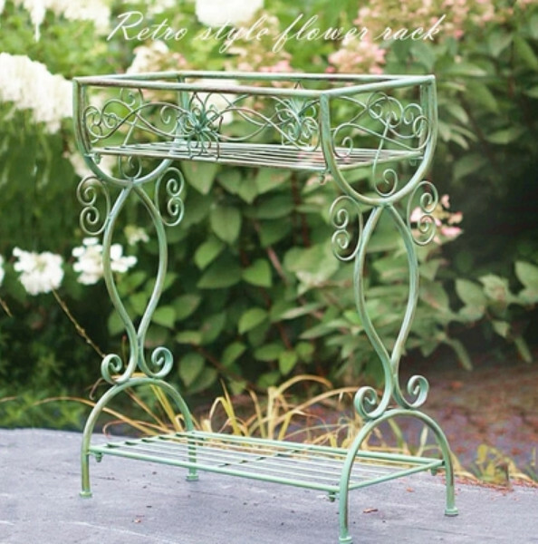 Hotly recommended iron art space, outdoor flower stand, potted plant bench, corridor shelf [Retro Green]