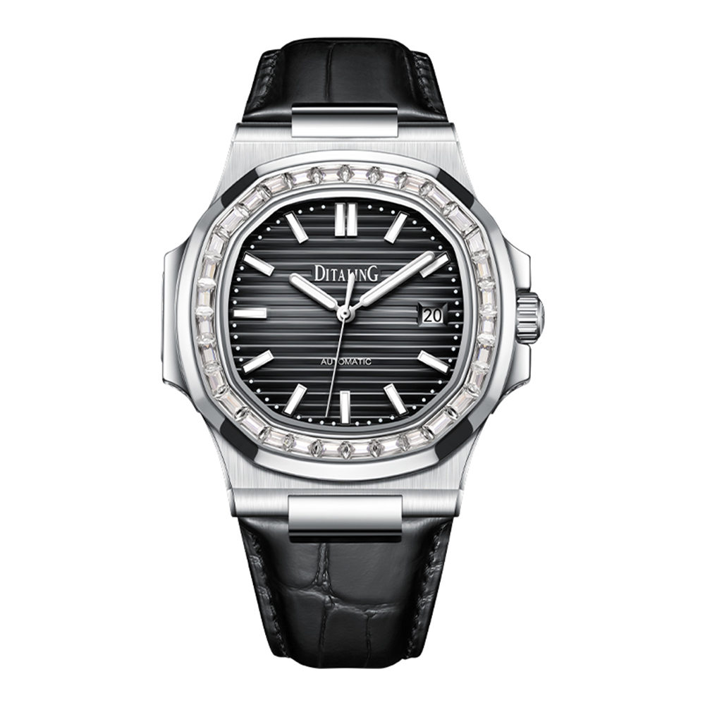【Ditaling 蒂塔倫】DTL-010-L 鑲鑽帶日期鸚鵡螺男款自動上鍊夜光皮革機械錶
