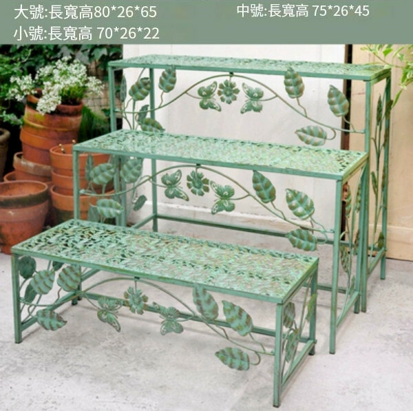 Hotly recommended iron art space, outdoor flower stand, potted plant stool, corridor shelf [Retro Green] Butterfly style three-piece set