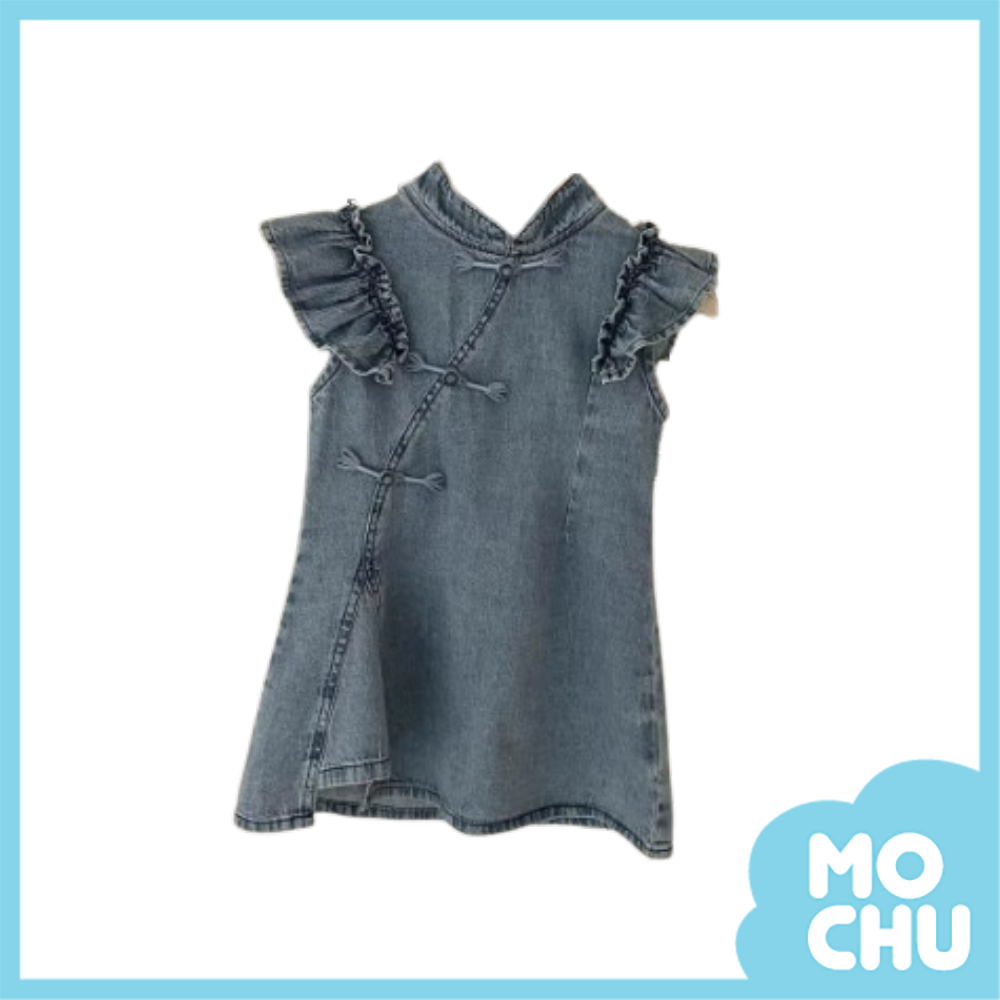 中式領飛袖牛仔連身裙