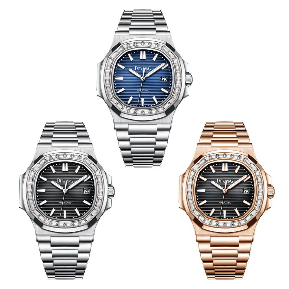 【Ditaling 蒂塔倫】DTL-010-S 鑲鑽帶日期鸚鵡螺男款自動上鍊夜光不鏽鋼機械錶