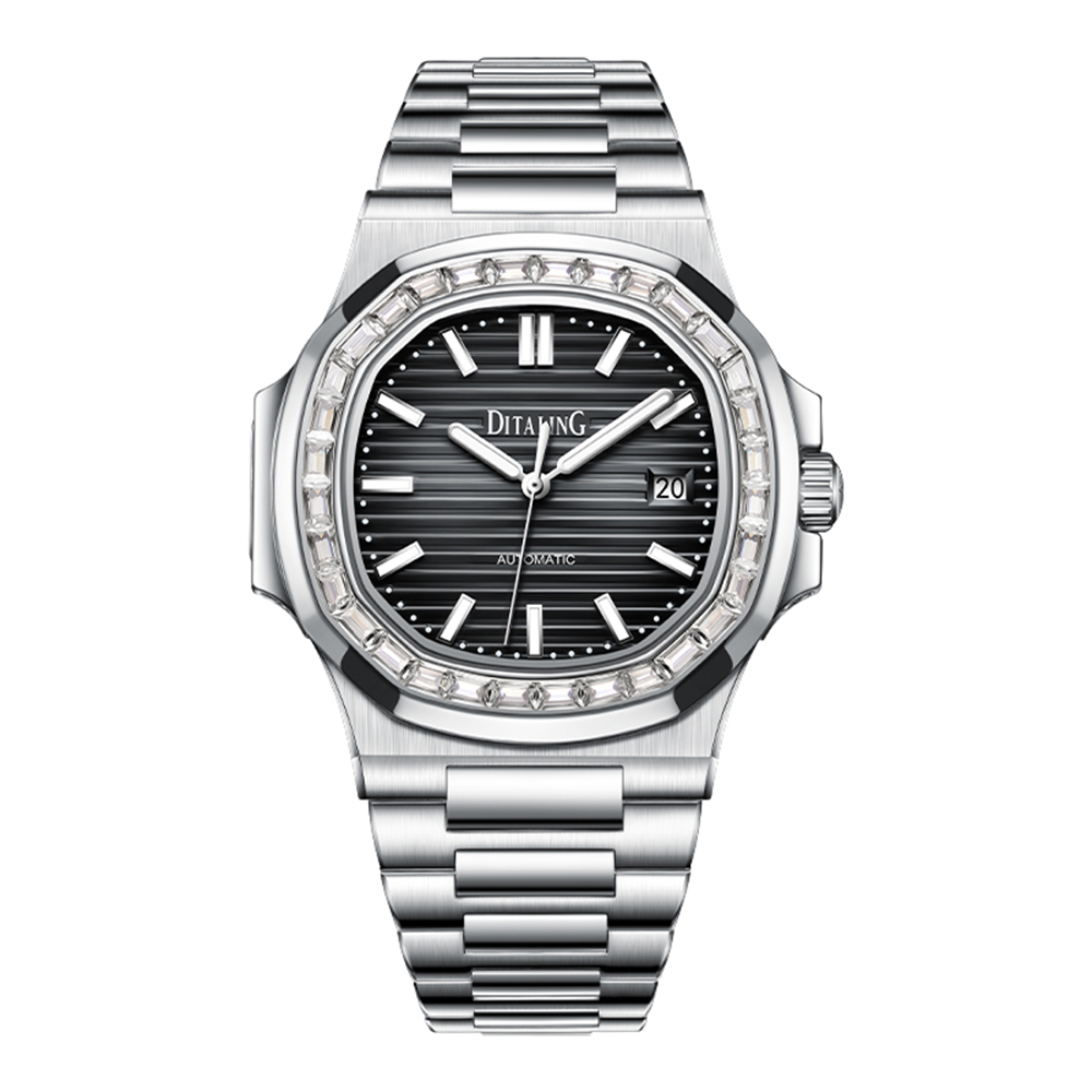 【Ditaling 蒂塔倫】DTL-010-S 鑲鑽帶日期鸚鵡螺男款自動上鍊夜光不鏽鋼機械錶