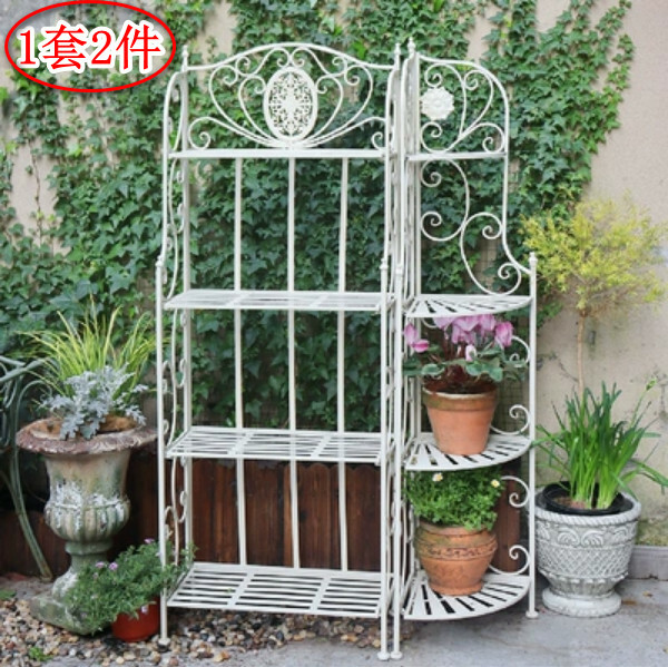 Hotly recommended iron art space, outdoor flower stand, potted plant stool, corridor storage rack [4-layer old white + corner style] 1 set of 2 pieces