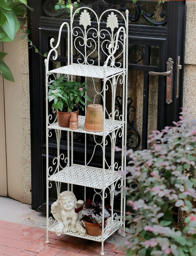 Hotly recommended iron art space, outdoor flower stand, potted plant stool, corridor storage rack [4th floor old white]