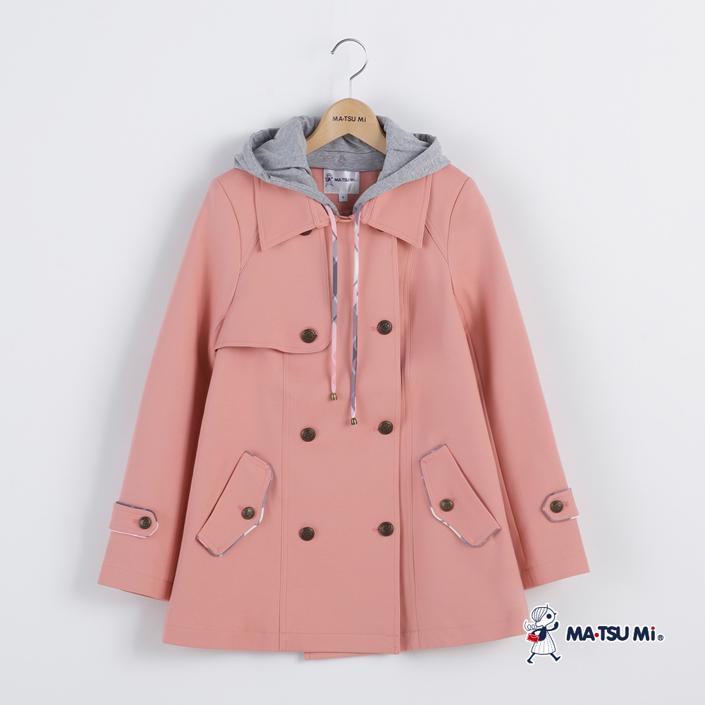 MA‧TSU Mi 可拆式棉質撞色異材質拼接風衣外套(粉紅.深藍)