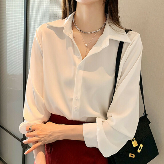 Early Spring Chiffon Shirt Women's Long Sleeve (White [S_2XL Size] (Contact customer service to confirm the shipping size after placing an order)