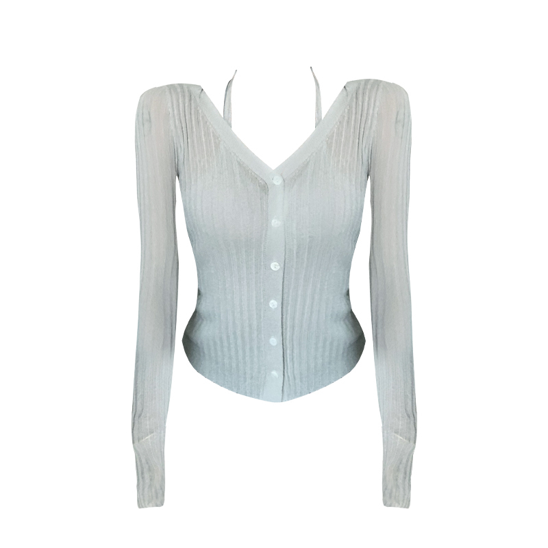 Hot selling fake two-piece cardigan top (gray blue, one size fits all)