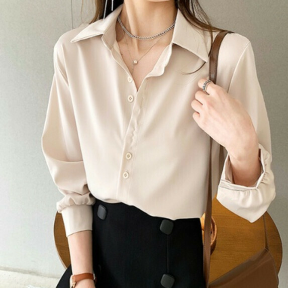Early Spring Chiffon Shirt Women's Long Sleeve (Apricot [S_2XL size] (contact customer service to confirm the shipping size after placing an order)