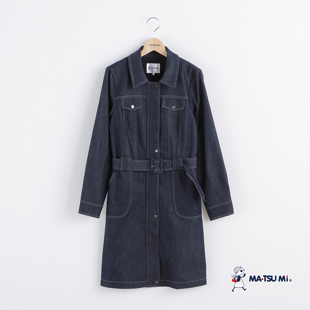MA‧TSU Mi 休閒翻領前開式繫腰帶牛仔外套(深藍)