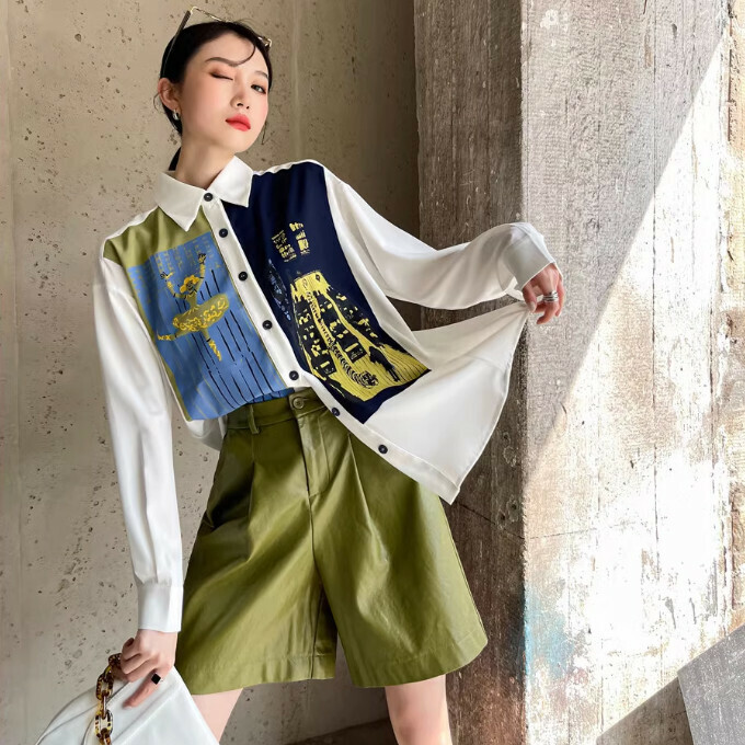 Hot selling contrasting color patchwork printed shirt (white) (S/M size) (contact customer service after placing the order to confirm the delivery size)