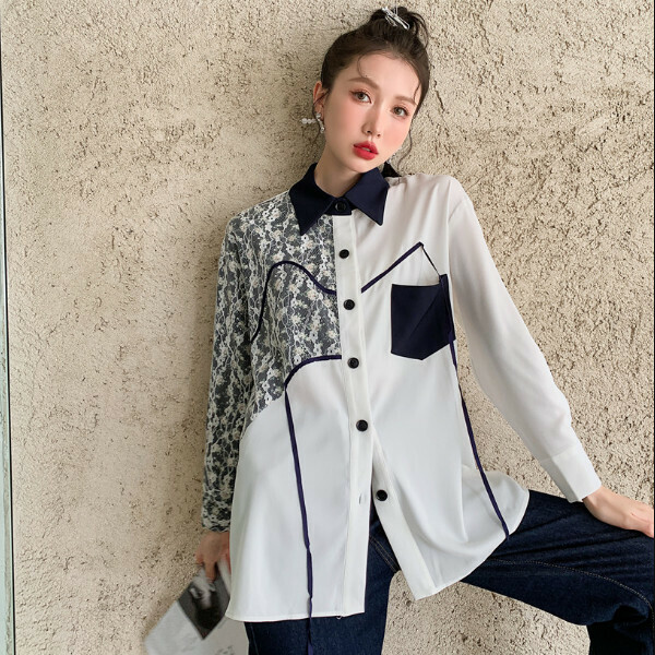Hot selling lace print patchwork shirt (white) (S/M size) (contact customer service after placing the order to confirm the delivery size)