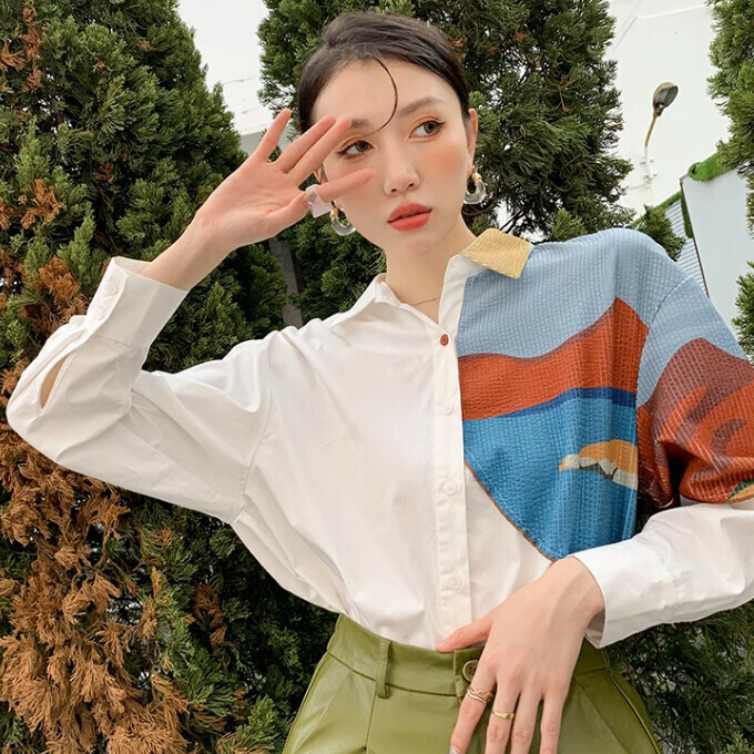 Hot selling corduroy printed patchwork shirt (white) (XS-M size) (contact customer service after placing the order to confirm the delivery size)