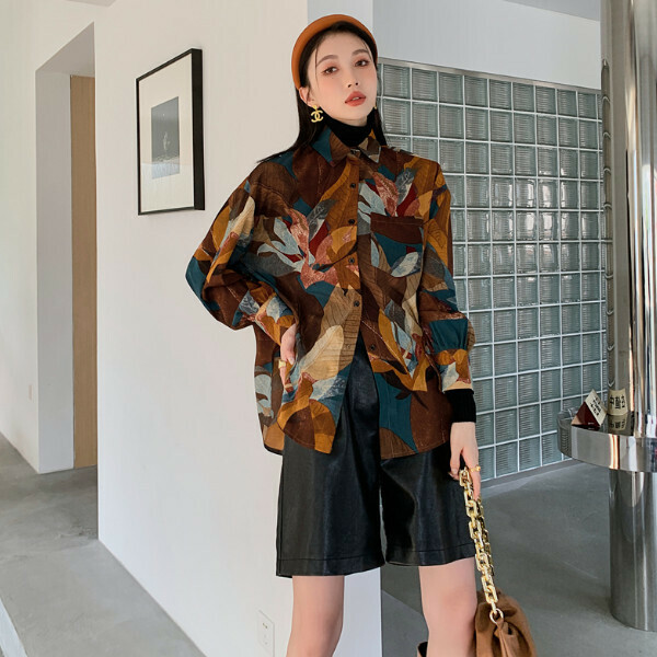 Hot selling contrast printed long-sleeved shirt (picture color) (S-L size) (contact customer service after placing order to confirm delivery size)